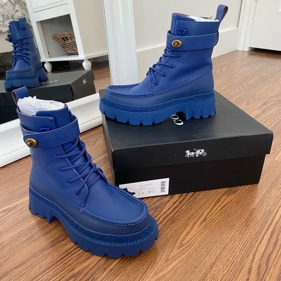 Coach Leather Lug Style Boots with Gold Turnlock Closure in Sapphire Blue 6 - Picture 1 of 11